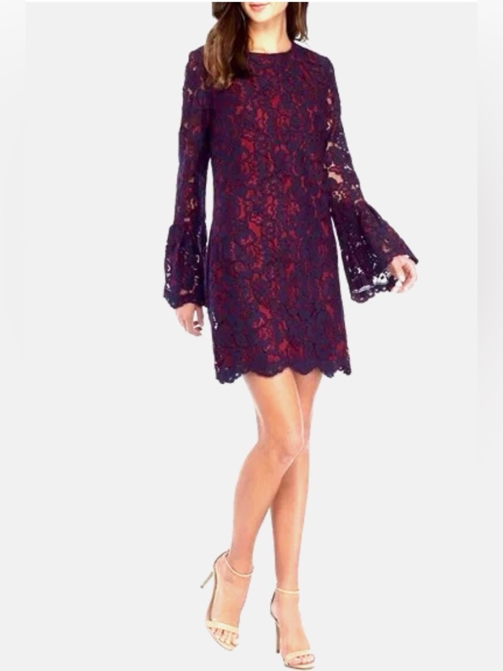 Nordstrom WAYF Lace Bell-Sleeve Shift Dress in Deep Plum with Red Underlay